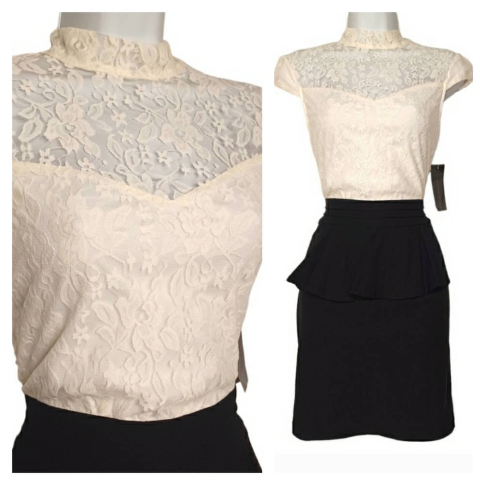 URBAN HEARTS Ivory Floral Lace Black Peplum Cap Sleeve Sheath Dress Large NWT
